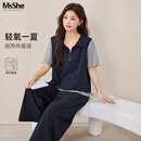 慕姗诗怡（MsShe）【休闲假两件套装】大码女装2026夏装胖mm减龄上衣裤子穿搭一整套 【短袖款套装】藏青蓝色现货 2XL