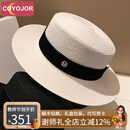 COYOJOR希遥家法式贴布平沿草帽女夏天英伦平顶礼帽日系小清新沙滩防晒遮阳帽女 白色 可调节