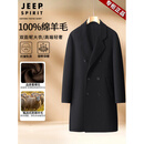 JEEP SPIRIT高端纯羊毛双面毛呢大衣男士双排扣秋冬季中长款呢子风衣外套男装 黑色 100%绵羊毛【高档专柜正品】 XL 男士毛呢大衣 建议【130-155斤】