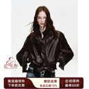 付智恩 进口油蜡羊皮短款真皮皮衣女双排扣机车夹克外套丨心动电台 黑加仑紫 S