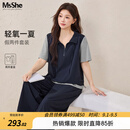 MsShe【休闲假两件套装】大码女装2026夏装胖mm减龄上衣裤子穿搭一整套 【短袖款套装】藏青蓝色现货 2XL