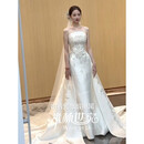 TWJU新款飘纱拖尾鱼尾A字裙缎面轻婚纱礼服抹胸法式主纱订婚迎宾草坪 m码 M 白色