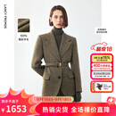 朗姿25纯羊毛复古人字纹高智西装外套优雅气质收腰西服女冬季新款 卡其绿色 M