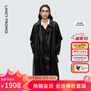朗姿翻领长款修身双排扣仿皮衣复古摩登通勤外套新款冬衣女 夜幕黑色 M