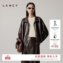 LANCY朗姿【羊皮】2025秋季新款复古廓形美拉德高级感真皮衣外套 深棕色2 L