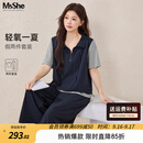 MsShe【休闲假两件套装】大码女装2026夏装胖mm减龄上衣裤子穿搭一整套 【短袖款套装】藏青蓝色现货 2XL