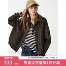 范思蓝恩通勤百搭短款下摆抽绳皮衣女2026秋新款宽松显瘦外套3157 巧克力咖 M