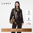 LANCY【羊皮】LANCY/朗姿2026冬新款时尚复古立领双排扣皮衣短外套女秋 深咖色 M