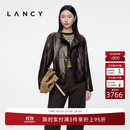 LANCY【羊皮】LANCY/朗姿2026冬新款时尚复古立领双排扣皮衣短外套女秋 深咖色 M