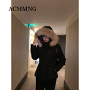 ac mmng微胖mm白鸭绒收腰大毛领羽绒服女短款冬季大码外套女 黑色 S