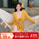 南木熊泳衣女大码微胖比基尼长裙四件套海边度假分体性感辣妹泡温泉泳衣 黄色比基尼四件套 均码 建议【100-145斤】