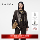 LANCY【羊皮】LANCY/朗姿2026冬新款时尚复古立领双排扣皮衣短外套女秋 深咖色 M