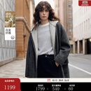ELLE【明星同款】绵羊毛连帽马甲双面呢大衣女26冬季新款毛呢外套 深灰 S