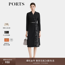 PORTS宝姿女装秋冬简约时尚印花经典撞色拼接收腰女士高档连衣裙 黑色 S (4)