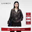 LANCY【羊皮】LANCY/朗姿2026年秋季新款时尚大翻领收腰皮衣短款外套女 深咖色 M