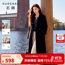 三彩【羊毛骆驼绒】大码女装2026冬季新款双面呢长款大衣胖MM 漆黑色 S 155/84B