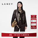 LANCY【羊皮】LANCY/朗姿2026冬新款时尚复古立领双排扣皮衣短外套女秋 深咖色 M