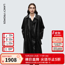 朗姿25翻领长款修身双排扣仿皮衣复古摩登通勤外套新款冬衣女 夜幕黑色 M