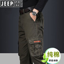 吉普吉普（JEEP）品牌男装纯棉休闲多口袋工装裤男士宽松户外直筒春秋 军绿色 (常规款) 33 腰围2.55尺