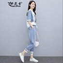 妍莉芬 休闲裤女装牛仔套装女夏装2023年新款印花时尚休闲九分哈伦裤子 图片色 M【88-107斤左右穿】