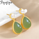 梵蒂莫品牌母亲节送妈妈和田玉耳钉女s925银古典耳饰青玉石水滴耳坠 青玉耳坠