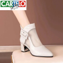 卡帝乐鳄鱼（CARTELO）品牌真皮网纱凉靴女春夏季新款镂空包头粗跟中跟时尚女靴 米白色 35
