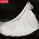 红妆饰佳 一字肩婚纱礼服2025新款仪式纱 新娘小个子出门纱拖尾主婚纱 6149浅香槟拖地款 M