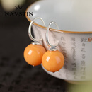 奈维斯汀蜜蜡圆珠耳环银女中式复古耳饰黄色简约老花蜡耳坠耳钩短生日礼