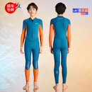 VVIR EER儿童泳衣中大童胖童超弹防寒保暖青少年连体长袖保温游泳衣潜水服 011男款前开拉链墨水蓝长袖 10#(140-150cm, 34-41kg)