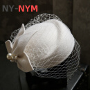 NY-NYM法式优雅英伦复古网纱贝雷帽羊毛呢小礼帽 婚纱宴会白色新娘头饰 白色 直径约17cm/带夹子