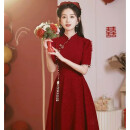 兰卡·罗妮中式旗袍敬酒服新娘酒红色小个子结婚订婚礼服连衣裙平时可穿甜美 酒红色 M
