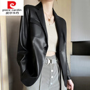 皮尔卡丹针织轻奢高档品牌2025秋冬新款皮衣女短款修身气质西装 典雅黑 M