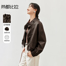 尚都比拉春夏款时尚休闲机车服立领落肩蝙蝠袖PU皮衣外套女 咖色 S