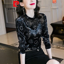 皮尔卡丹黑色金丝绒上衣女装2021秋冬新款立领蕾丝高端长袖内搭加厚打底衫针织 黑色 S