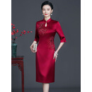米诗德醋酸缎面料旗袍喜婆婆婚礼连衣裙春夏季高贵年轻款小个子婚宴装 酒红色 2XL 建议115至125斤