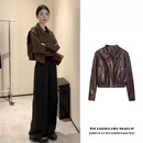 ANGEL MOOD春秋新款美式棕色皮衣外套女小个子2025春秋季新款感短款复古休闲 棕色 M