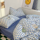 镜月图网红水洗棉床上用品春秋学生单人宿舍床单三件套被套男夏季 棋盘格-蓝 1.5米 四件套【被套1.5x2米】