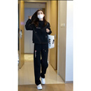 冠军闪电美国重磅彩虹加绒连帽卫衣运动服套装女秋冬宽松感显瘦休闲两件套 黑色  常规款 M