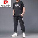 皮尔卡丹（pierre cardin）冰丝运动套装男夏季2025新款大码男装胖子宽松薄款休闲短袖T恤潮 黑色【72878】 4XL 200-220斤