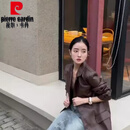 皮尔卡丹（pierre cardin）高档女士休闲皮衣外套韩版机车服宽松时尚黑色小西装真皮夹克 咖色 2XL 160-170斤