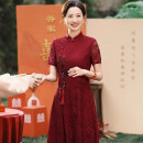 兰卡·罗妮喜婆婆婚宴装2025新款夏季婚礼连衣裙蕾丝喜妈妈婚宴礼服红色旗袍 酒红色 XL(建议116-125斤）