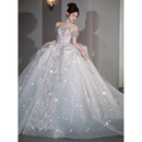 创京懿选一字肩蓝色法式婚纱2024新款新娘质感大拖尾在逃公主星空主纱 蓝色拖尾婚纱 头纱+手套+裙撑 M