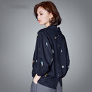 仙丫 2017秋装新款女韩范宽松女装春秋新款潮九分袖V领印花上衣百搭zx17922074 藏青色 S