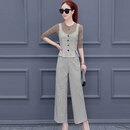 蹦跶狸 2017女装新款秋季时尚格子阔腿裤套装装韩版时髦气质三件套潮zx17922081 米黄色格子 S