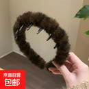 秋冬气质豹纹毛绒发箍女带齿洗脸压发头箍高颅顶防滑碎发整理发卡 豹纹毛绒发箍【深咖色】