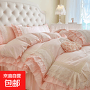 法式公主ins风100%纯棉四件套斜纹全棉被套少女心荷叶边床裙床品 梦幻芭蕾-粉色 床裙180*200被套220四件套