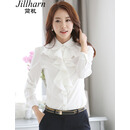 简杭2017春秋新款休闲OL修身荷叶花领纽扣雪纺长袖弹力衬衫女 128-白色 M