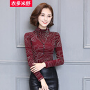 衣多米舒 2017秋季新款修身高领加厚蕾丝衫长袖网纱上衣 24175 酒红色 M