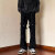 楠语秋（NANYUQIU）美式复古新款纯黑牛仔裤男春季潮流绑带设计感微喇裤情侣机能长裤 黑色 S