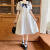 古芙色女童学院风裙子夏季中大童女孩洋气短袖薄款娃娃领儿童时尚连衣裙 白色 150